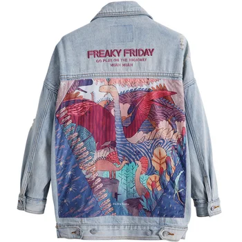 

Fashion Women Street Wear Printed Jurassic world Denim Jackets Coat Casual BF Jeans Jacket Coat for Ladies Spring Autumn Outwear