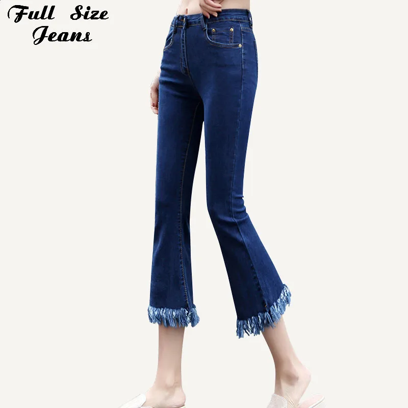Plus Size Tassel Fringe Hem Capris Jeans 3Xl 5Xl 7Xl Summer Spring Fringed Casual Stretchy Jean Pants Streetwear Flare Jeans