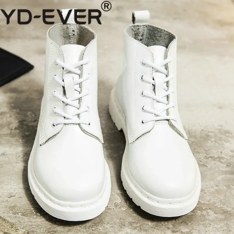 

2019 New Genuine Leather Martin boots female England white boots low-heeled flat boots couple motorcycle women's boots