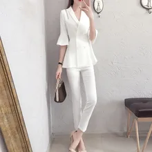 2019 new ladies suits Trousers and jacket for women white blazer Slim-fit double-breasted short-sleeved suit Pants suit female
