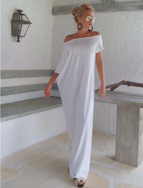 Однотонные женские длинные платья с вырезом лодочкой размера плюс с открытыми плечами, свободные платья в стиле бохо с необычными рукавами, сексуальные белые платья для женщин-N - Цвет: Белый