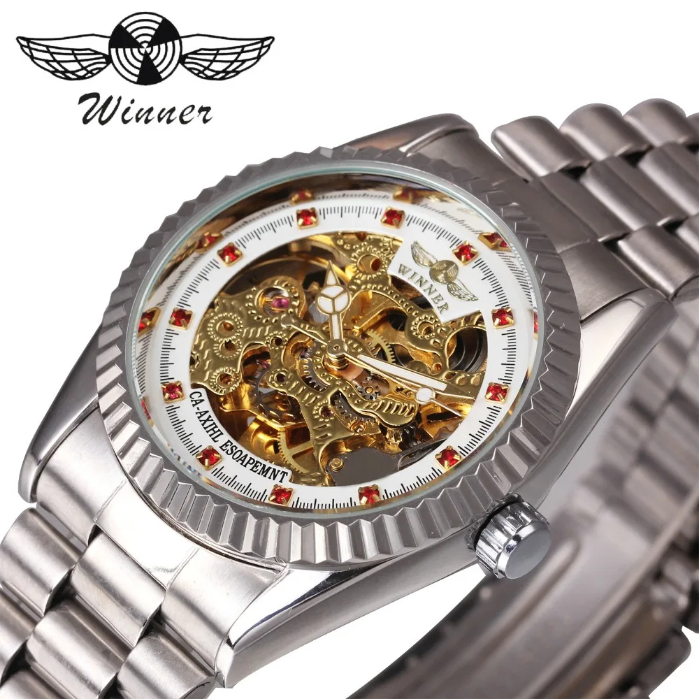 

WINNER Top Brand Luxury Unisex Men Auto Mechanical Watch Skeleton Dial Metal Strap Red Crystal Decorated Couple Wrist Watches