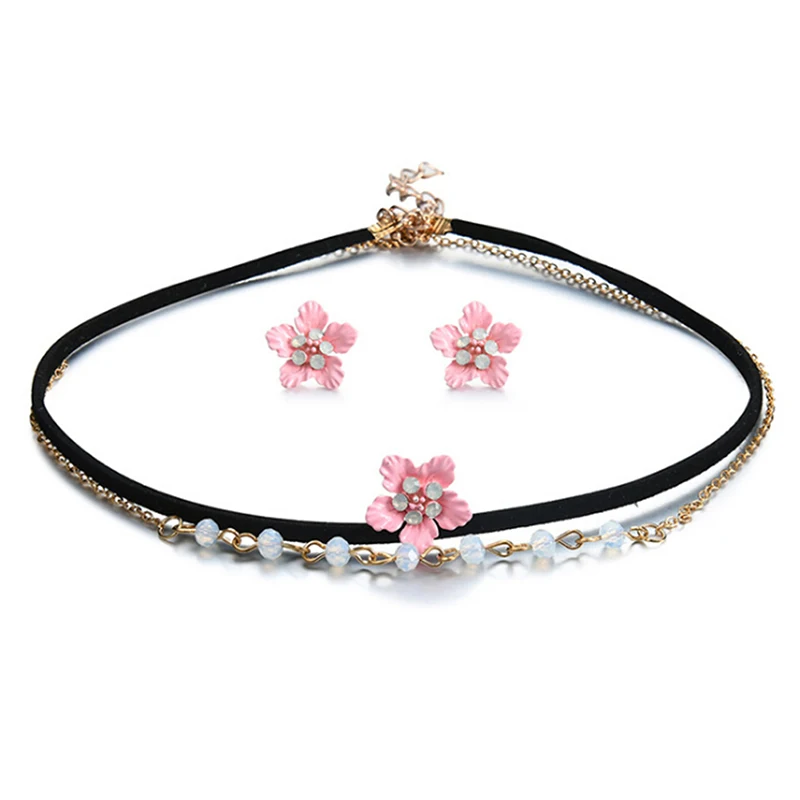 Women Pink Flower Beads Double Layer Necklace Ear Studs Fashion Choker Jewelry Set