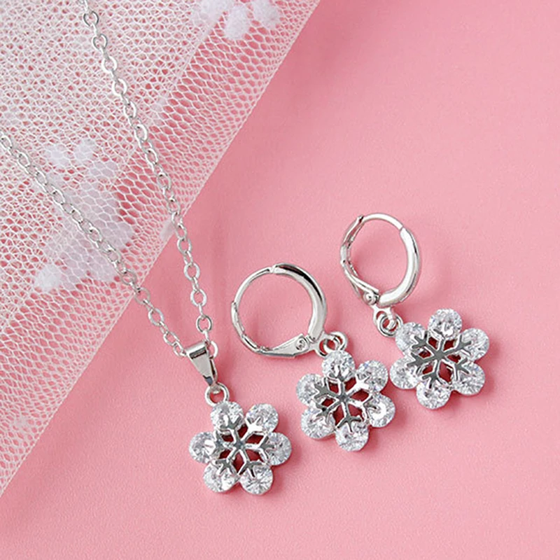 Christmas Snowflake Necklace Earrings Set For Women Silver Gold Fashion Snowflake Jewelry Wedding Sets For Brides Vintage Party