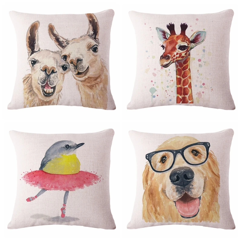 Забавная Подушка-Жираф с изображением собаки, птицы, тканый льняной чехол, семейная привязанность, диванное сиденье, декоративная подушка для дома, чехол для подушки