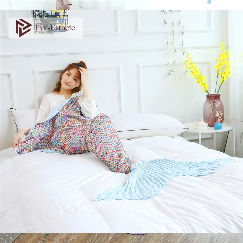 

Liv-Esthete Fashion Mermaid Throw Blanket Knitted Handmade Blanket Soft Sofa Best Gift For Adult Kids Child Blanket