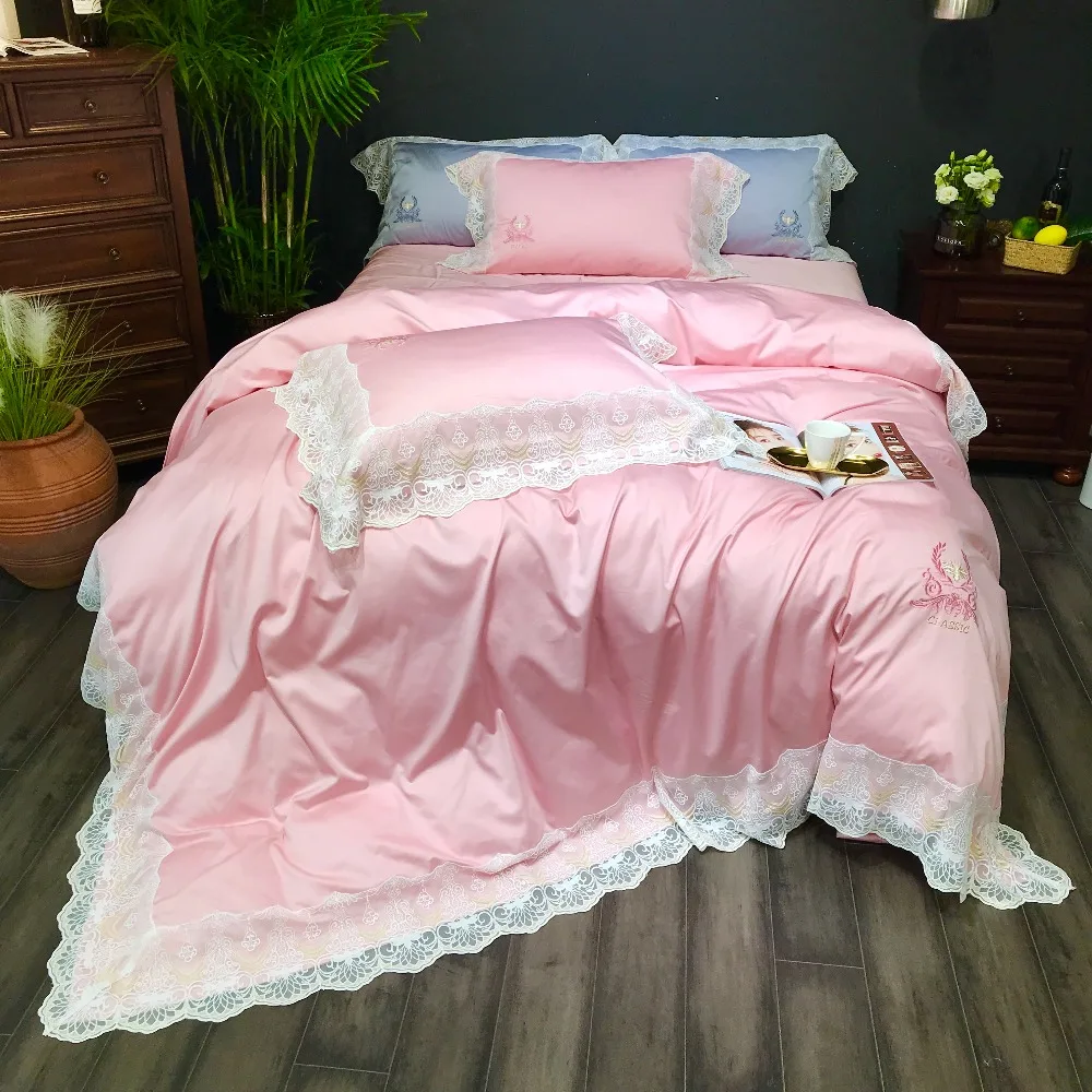 

White Lace Edge+80S Egyptian cotton Pink Grey Princess Bedding Set Queen King size Bed set Duvet covers Bed sheet set Pillowcase