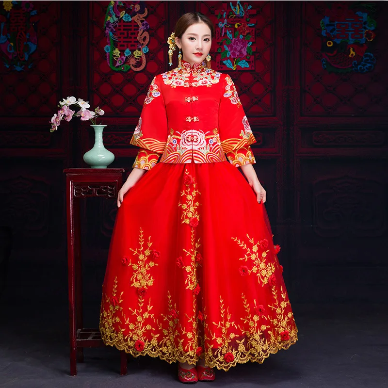 Азиатский Свадебное платье древней китайской Для женщин свадебные Qipao пальто + юбка комплект из 2 предметов Винтаж вышивка Cheongsam Одежда для