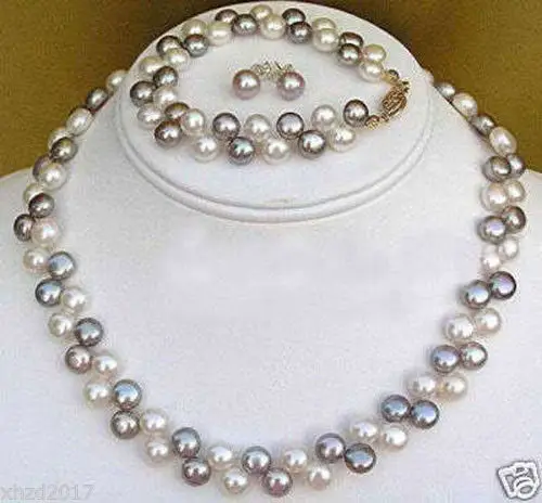 

free shipping>>> Beautiful jewelry Black White pearl necklace bracelet earrings set