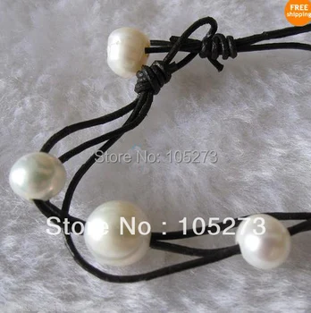 

New Lovely Pearl Jewelry 8'' 6-10MM White Color Natural Freshwater Pearl Bracelet Black Leather Women's Style New Free Shipping