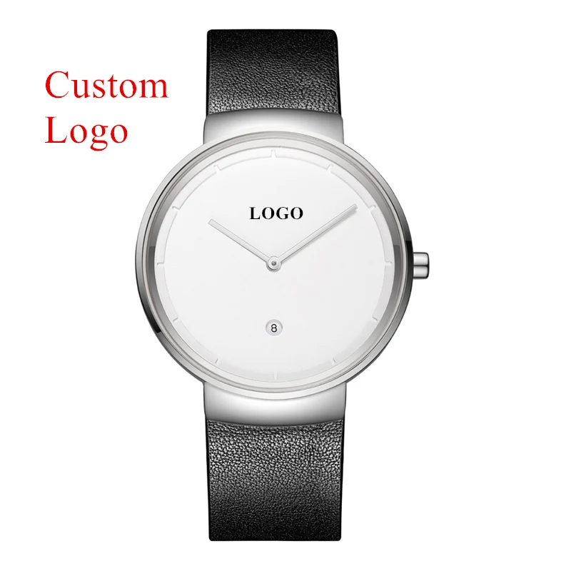 

CL032 Stylish Silver Case Black Genuine Leather Strap Calendar Clock Date Design Brand Own Logo OEM Quartz Custom Watch