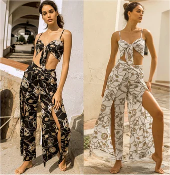 

Women Print Sexy 2 Piece Sets Summer Bow Tie Tank tops Side Split Loose Long Straight Pants Sleeveless Pullover Tops Casual Suit