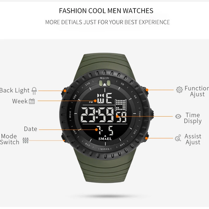 SMAEL Men Outdoor Sports Electronic chronograph 2017 New Men's Watch Big Dial Digital 50M waterproof Digital LED Wrist Watches