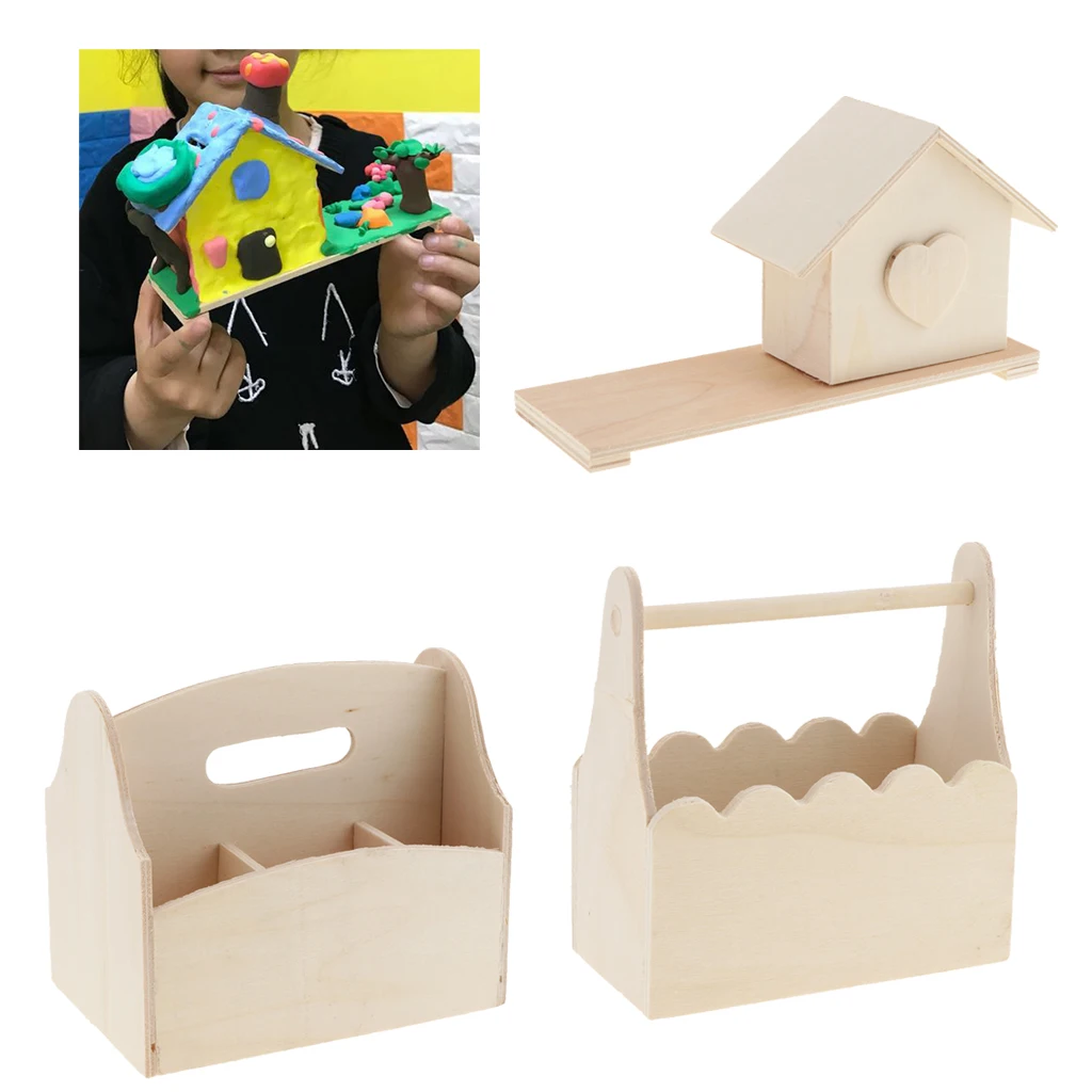 Special Design Money Boxes Wooden Basket House Pen Container Pattern handmade wooden Craft For Painting Popular Kids Gifts