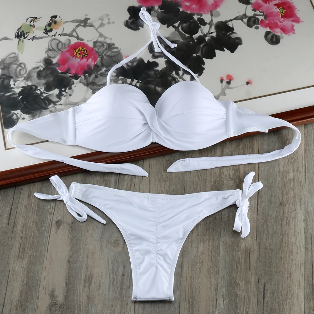 Solid Strappy Bandage Bikinis Set White Push Up Bikini Swimwear Bandeau Brazilian Swimsuit Bathing Suit Maillot