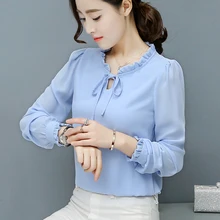 2018 Spring Women Chiffon Tops Plus Size Female Fashion Shirts Pink White Shirt Stand Neck Puff Long Sleeve Loose Blouses tops