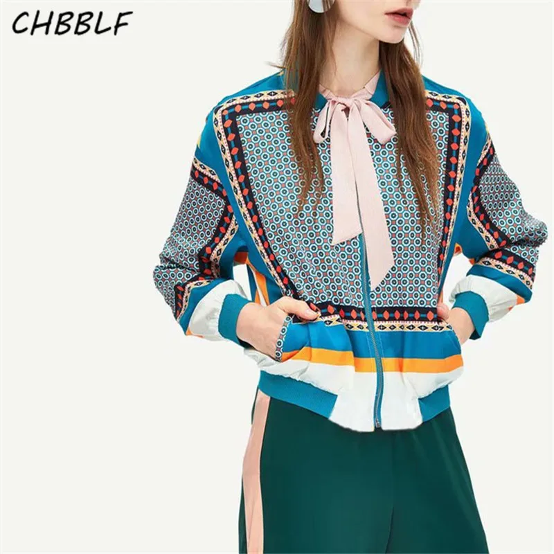 

CHBBLF women stylish print bomber jacket coats loose long sleeve zipper coat ladies casual loose outwear coat POP1398