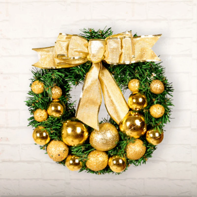 

Christmas Decoration Wreath Golden Big Bow Green PVC Ornaments Sprinkled Matte Balls Hanging