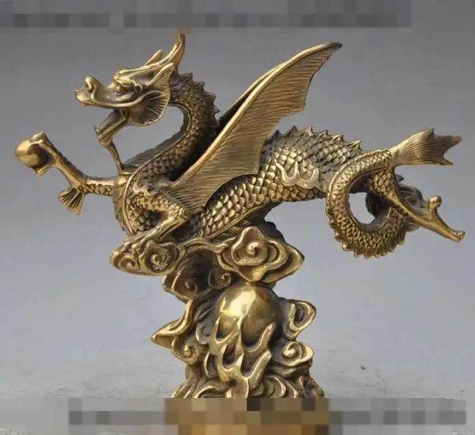 

S00417 9"lucky chinese fengshui brass zodiac fly dragon beast play bead animal statue B0403