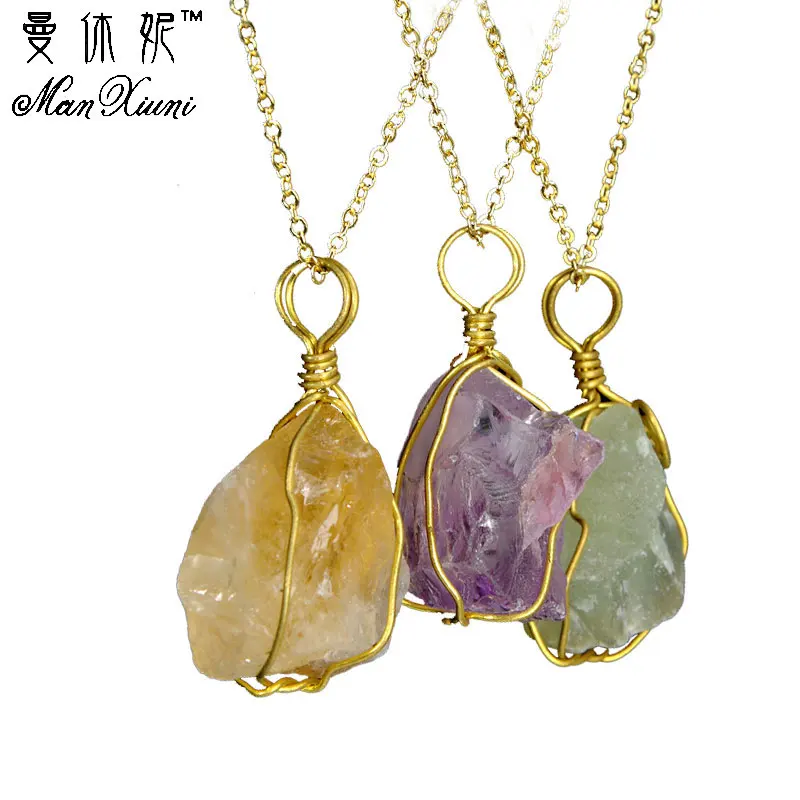 

Manxiuni Wholesale Handmade Rainbow Wire Wrapped Raw Natural Stone Women Pendant Necklace Pink Quartz Crystal Gem Necklaces