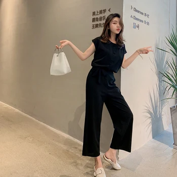 

Summer Women's Sets Pullover Tops Elastic Waist Ankle-length Pants Casual 2 Piece Set Women Solid Bow Women Clothes Brief
