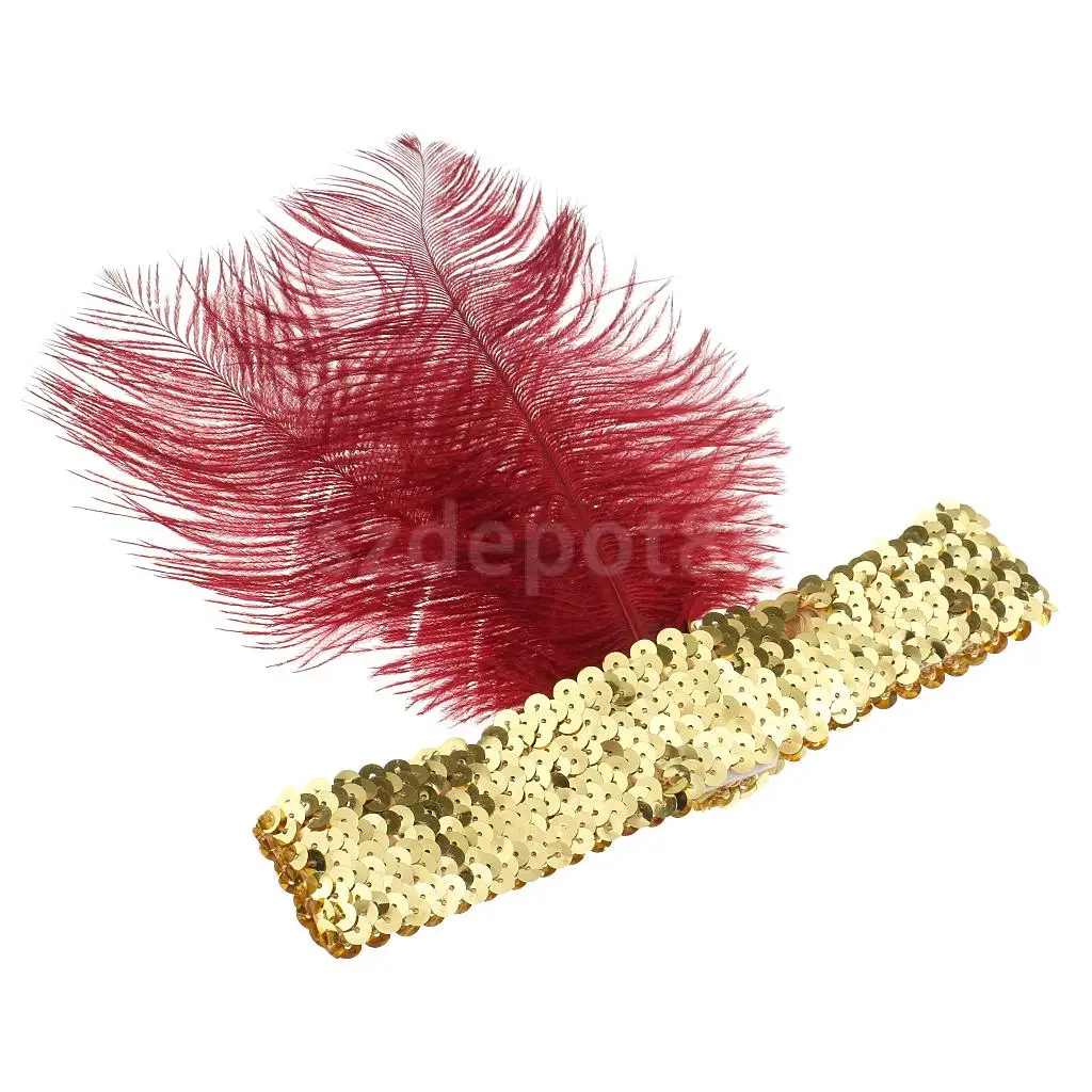 Блестящие золотые блестки с красным пером обруч с завязкой 1920s Great Gatsby женские головные уборы Charleston головной убор косплей реквизит