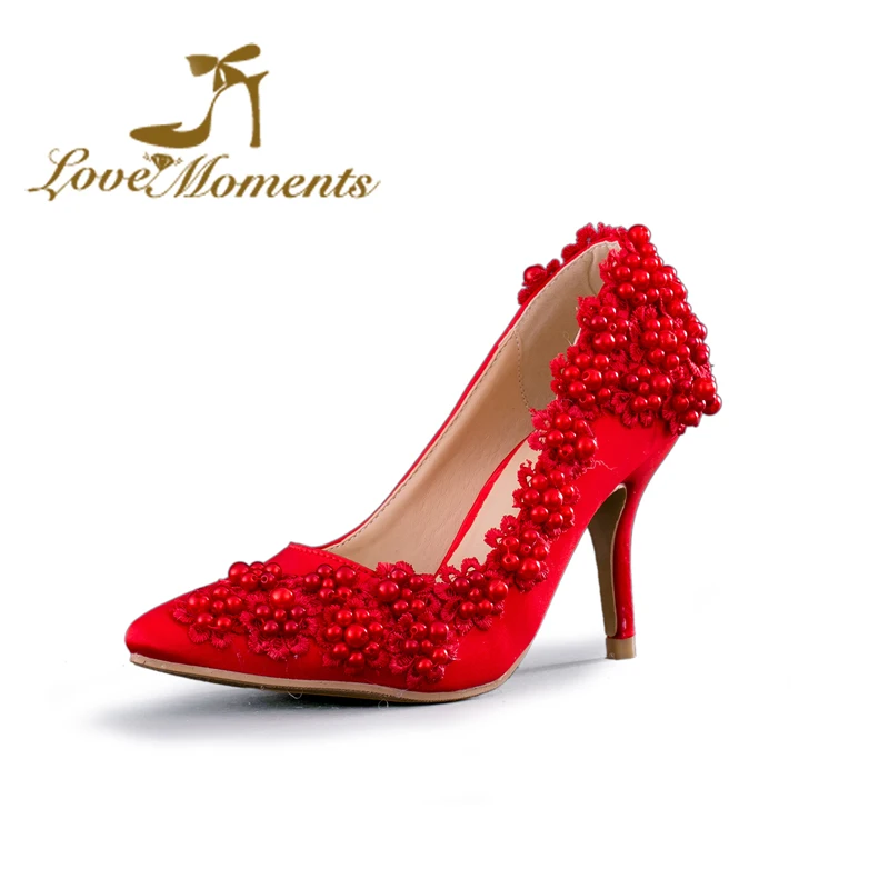 

Red Satin Pointed Toe Wedding Shoes red flowers thin heel shoes bridal high heel woman pumps dress shoes female party shoes
