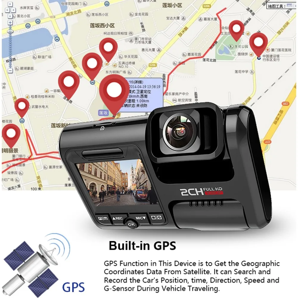 Автомобильный видеорегистратор с Wi Fi встроенный GPS две камеры full hd 1080P для