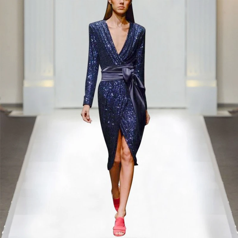 

Bling Sequined V-neck Short Sexy Elegant Party Dress 2019 Women Spring Long Sleeve A-line Mini Dress Black Party Night Dress