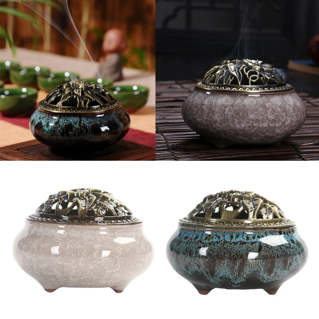 2x Vintage Chinese Ceramic Incense Burner Holder Buddhist Cones Coil Spiral Censer Ash Catcher Bowl with Alloy Cover