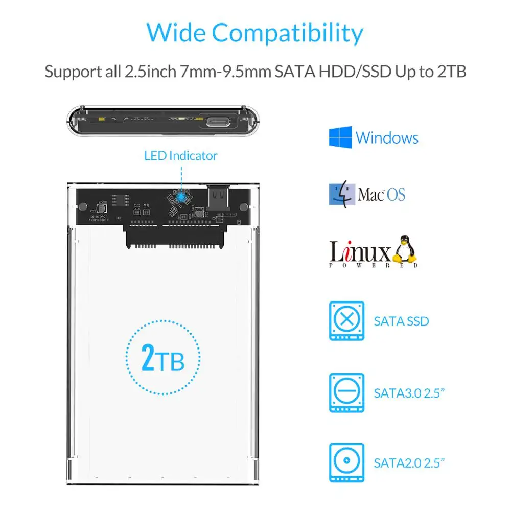 ORICO 2,5 дюймов HDD чехол Sata USB3.1 5 Гбит/с Корпус жесткого диска для SSD жесткий диск HDD контейнер под элемент питания 2 ТБ Поддержка UASP