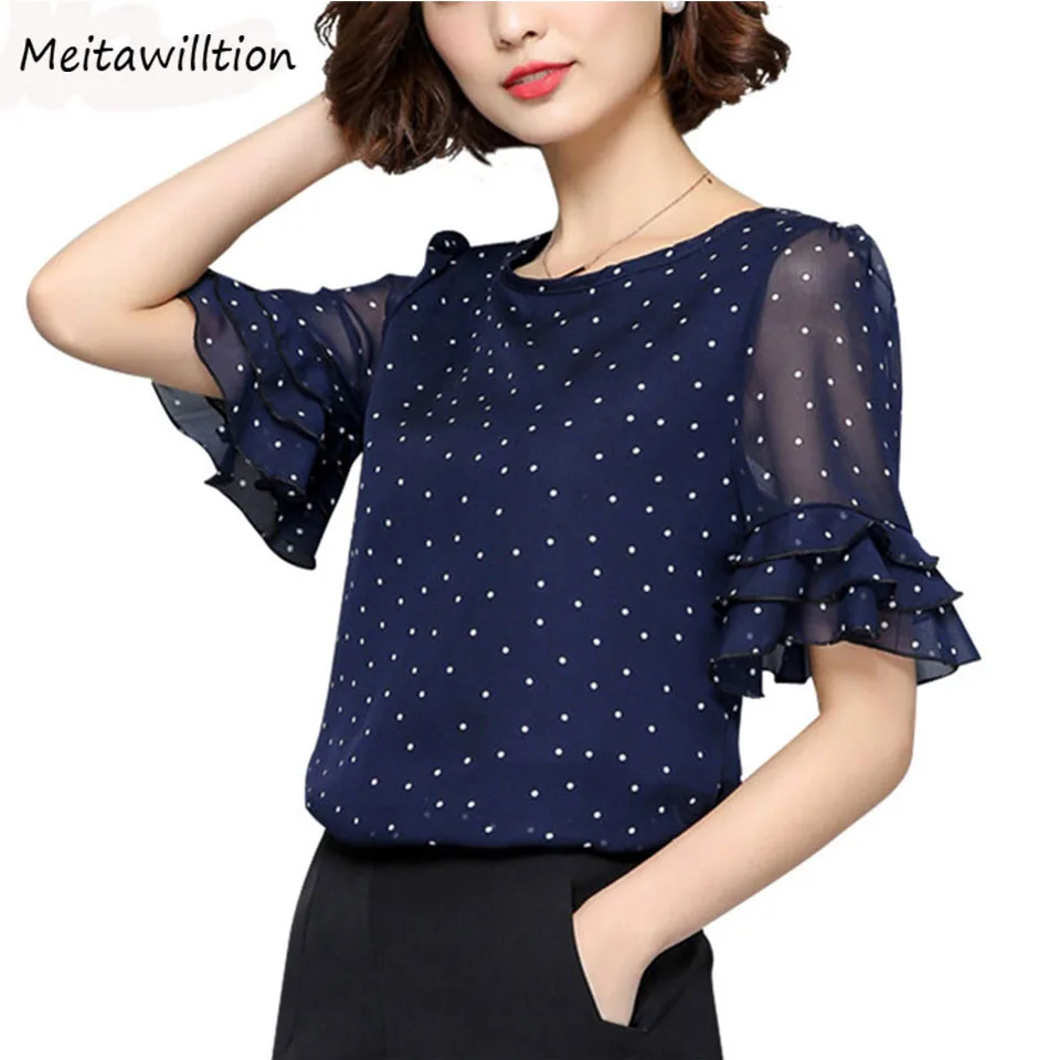 

2019 Summer Chiffon Blouse Ladies Short Sleeve Women Tops And Blouses Polka Dot Korean Fashion Female Shirts Plus Size Top XXXL