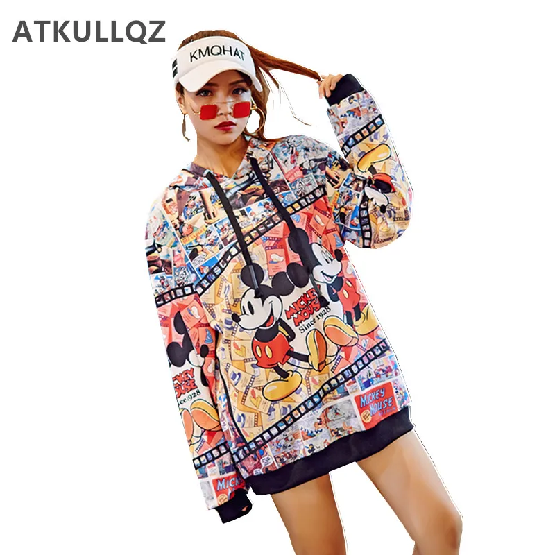 

ATKULLQZ New Spring 2019 Fashion Cartoon Mouse Printed Hoodies Women High Street Hooded Long Style Sweatshirts Casual Loose Tops