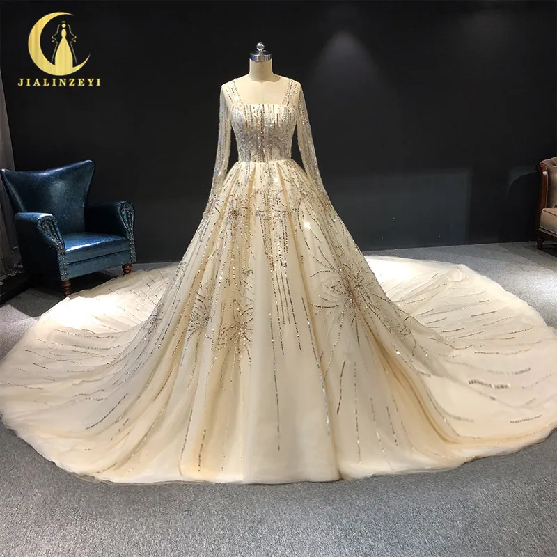 

JIALINZEYI Real Picture luxurious Long SLeeves High Quality Long Train Crystal Beads Wedding Dresses wedding gown dress 2019