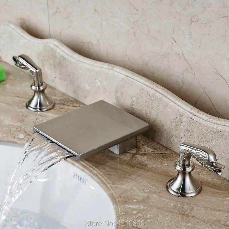 

Uythner Newly Deck Mounted Waterfall Sink Faucet Mixer Tap Euro Style Bathroom Basin Faucet 3Pcs Dual Handles