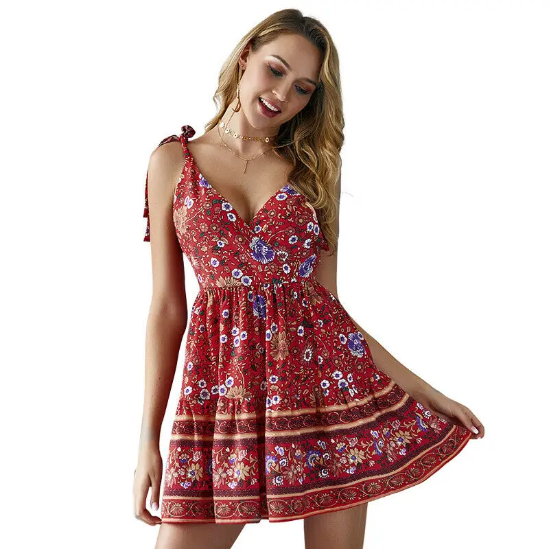 

women's summer sundress Boho Mini Dress Strappy Backless Casual Sundress Ladies Holiday Beachwear