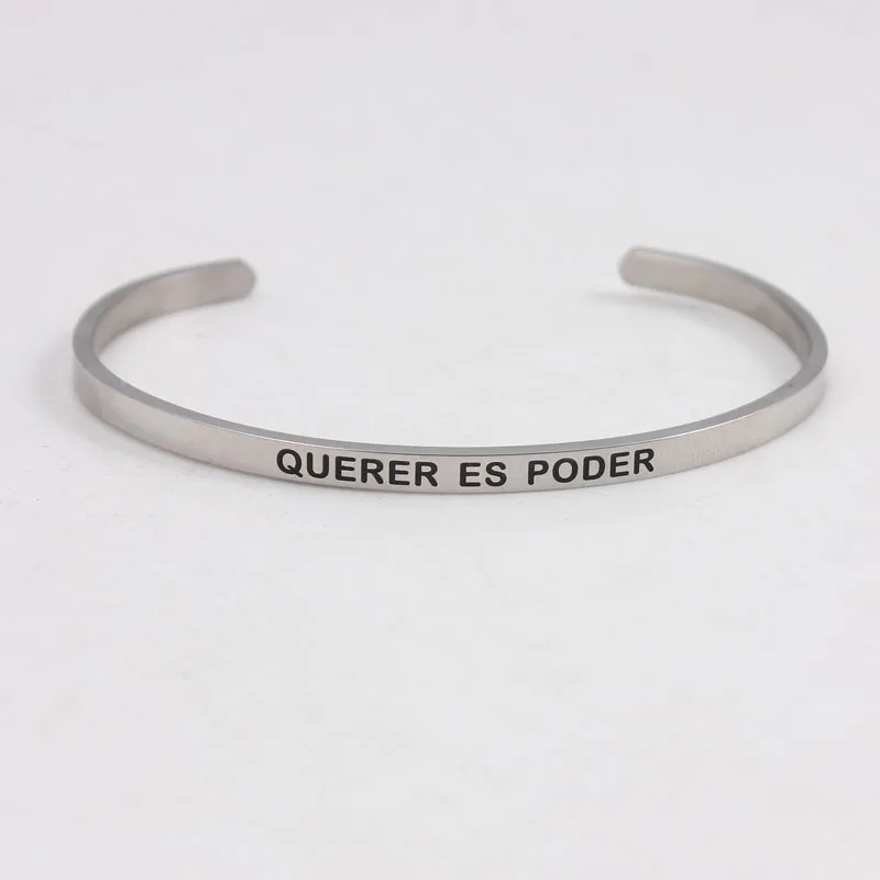 

QUERER ES PODER"Stainless Steel Engraved Positive Inspirational Quote Hand imprint Cuff Mantra Bracelet Bangle For Women