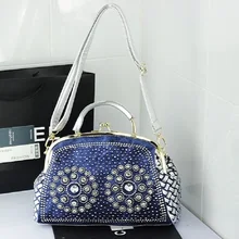 Джинсовая ткань+ Искусственная кожа женщин алмазов решетки вечерняя сумка женская сумка через плечо сумка женская Bolso mujer bolsa feminina для девочек