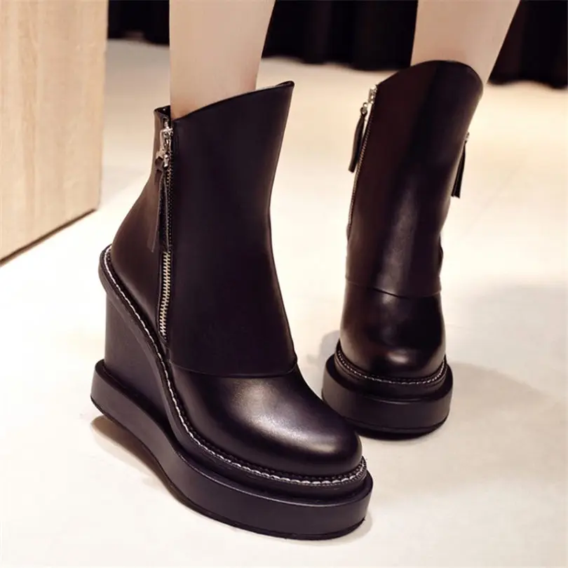 Женские кроссовки; зимние ботинки из натуральной кожи на танкетке и высоком каблуке; теплые зимние ботинки с круглым носком на толстой подошве; повседневная обувь