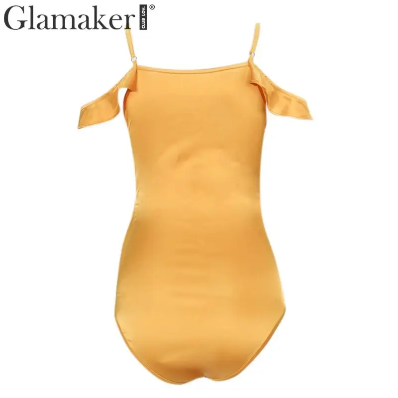 Женский облегающий боди Glamaker с открытыми плечами и оборками треугольным вырезом