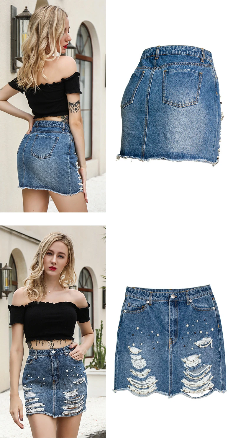 New pearl high waist sexy bag buttock skirt torn denim skirt (5)