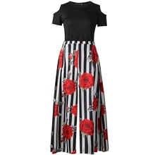 New Two Pieces Casual Women Maxi Dresses Short Sleeve Black Top Long Pattern Floral Dress Plus