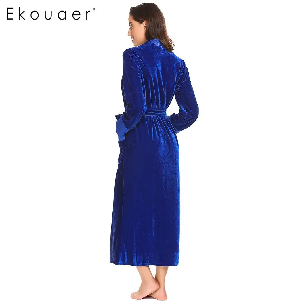 Ekouaer Women New Winter Robes Bathrobes Casual Turn Down Collar Long Sleeve Patchwork Pocket Velvet Robe with Belt Nightwear