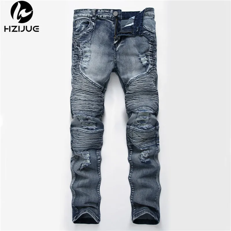 

HZIJUE new Fashion Ripped Straight Jeans Men Slim Printed Jeans Men's Tide Brand Hole Denim Fabric Hip Hop Pants Casual 4 colors