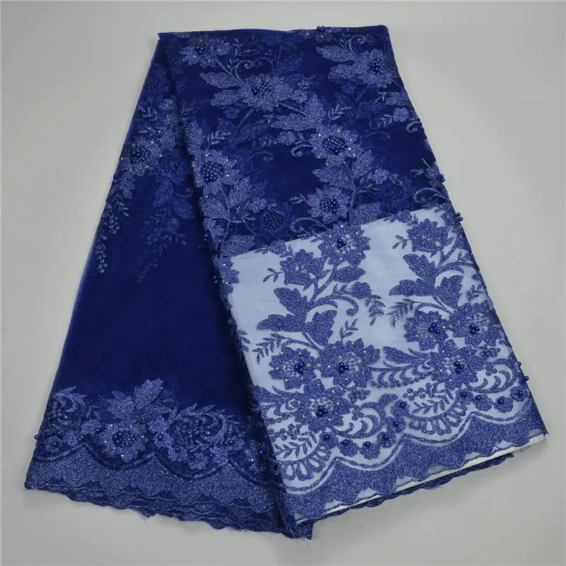

Royal blue color High quality Nigerian lace fabrics for wedding 2018 Latest African french lace fabric with beads and stones