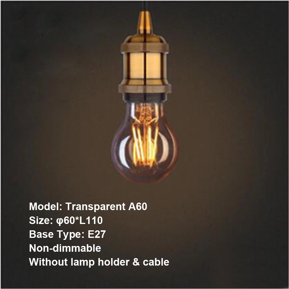 Винтаж Эдисон лампы E27 220 V прозрачный& Коричневый абажур подвесной светильник в стиле ретро ампулы свет накаливания лампа накаливания - Испускаемый цвет: Brown A60