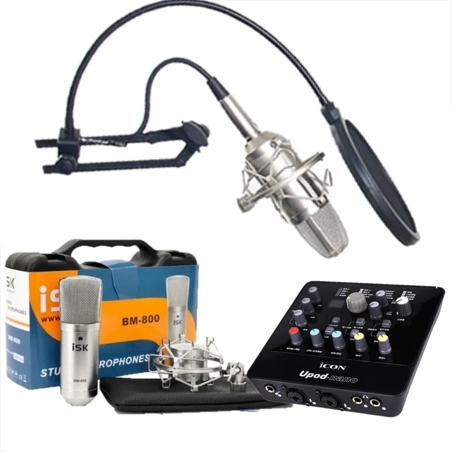 

Recording microphone ISK BM800 with USB sound card iCON Upod nano for studio and broadcasting with audio cable and pop filter