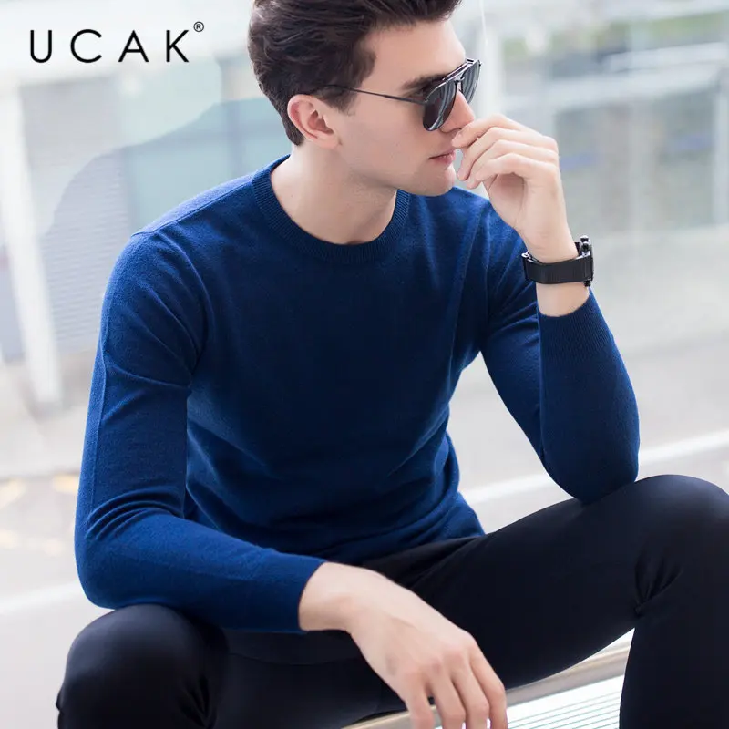 UCAK Brand Sweater Men Classic Casual O-Neck Pull Homme Pure Merino Wool Pullover Men Autumn Winter Soft Cashmere Sweaters U3006