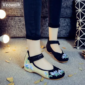 

Veowalk Rhinestones Embroidered Women Linen Cotton Fabric Ballet Flats Dual Strap Vintage Chinese Style Ladies Canvas Shoes