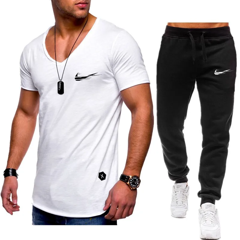 Homens de Moda Duas pechas Define t+ calchas Terno Homens Verao топы, футболки Marca de Moda impresssano Camiseta de Alta Qualidade spor